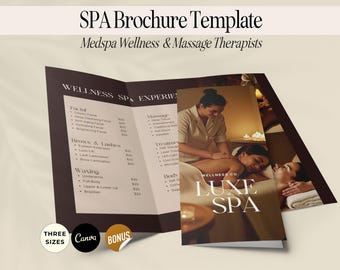 May include: A brochure template for a spa, featuring a dark brown tri-fold design with spa service listings. The brochure includes the text "SPA Brochure Template" and "Medspa Wellness & Massage Therapists". The cover displays the text "LUXE SPA".