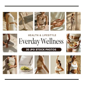 May include: A collage of images showcasing a healthy lifestyle, featuring people wearing activewear, enjoying healthy meals, and practicing yoga. The text "HEALTH & LIFESTYLE Everyday Wellness 50 JPG STOCK PHOTOS" is displayed in the center of the collage.