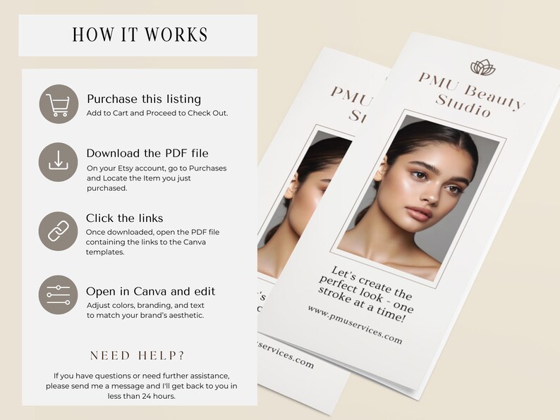 canva trifold brochure design, beauty business, brow tech, pmu artist, makeup tattoo