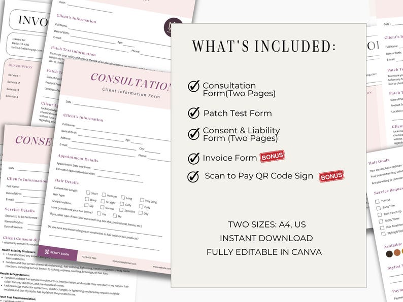 Hair Color Consent Form, Client Intake Form for Salon, Hairstylist Consult Forms, Hairdressing Consultation Forms