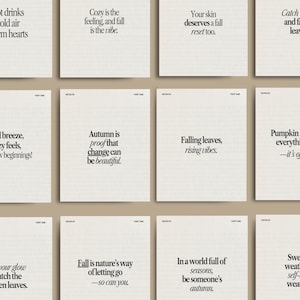 May include: A collection of square cards with autumn-themed quotes in a serif font. The cards feature phrases like "hot drinks, cold air, warm hearts" and "Pumpkin spice and everything nice." The background is a neutral beige.