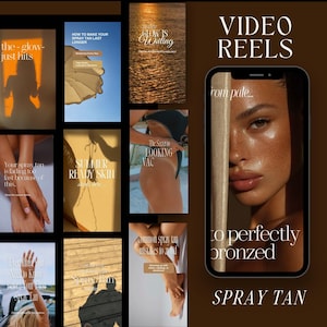 Puede incluir: Un gráfico de marketing digital que muestra un teléfono inteligente con un video reel con el texto from pale to perfectly bronzed. Alrededor del teléfono hay ocho paneles verticales más pequeños que muestran imágenes sobre bronceado con texto.