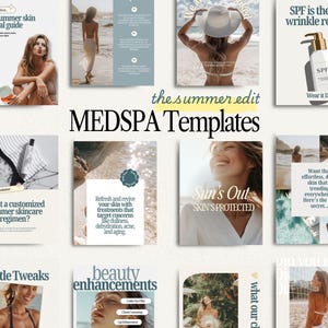 May include: A selection of Medspa templates with a summer theme. The templates feature images of women, beach scenes, and text such as "Sun's Out, Skin's Protected" and "SPF is the real wrinkle relaxer."