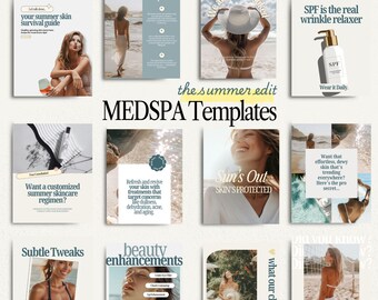 Puede incluir: Una colección de plantillas Medspa con temática de verano. Las plantillas presentan imágenes de mujeres, escenas de playa y texto como "Sun's Out, Skin's Protected" y "SPF is the real wrinkle relaxer."