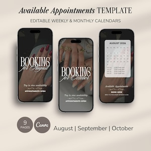 Nagelboeking Kalendersjabloon Maandelijks Wekelijks beschikbaar Nail Tech Afspraak Boekingsschema Schoonheidssalon Beschikbaarheidskalender Instagram