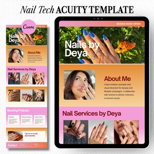 Könnte beinhalten: Eine digitale Vorlage für eine Buchungsseite für Nageldesigner, dargestellt auf einem Tablet und einem mobilen Bildschirm. Das Design zeigt einen rosa-orangen Farbverlauf und Textüberschriften wie Nails by Deya, About Me und Nail Services by Deya.