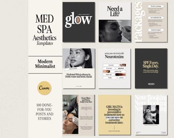 Puede incluir: Un conjunto de plantillas estéticas para un Med Spa, con un diseño minimalista moderno. Las plantillas incluyen publicaciones e historias para redes sociales, con texto como "glow", "Need a Lift?" y "SPF Every. Single.Day."