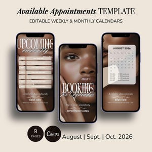 Calendario de reservas para piel melanina. Citas disponibles mensuales y semanales. Calendario de disponibilidad del salón de belleza. Planificador de horarios del spa médico. Instagram.