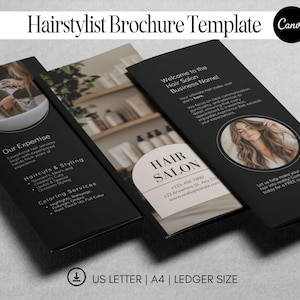 Bearbeitbare dreifach gegliederte Haarbroschürenvorlage Druckbare Hairstylist-Flyer Schönheitssalon-Broschürenvorlage Bearbeitbares Menü für die Preisliste des Friseursalons