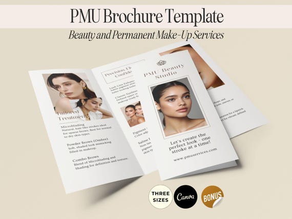 PMU Artist Trifold Brochure Template Permanent Makeup Editable Brochure Design Eyebrow Microblading Lip Blushing Tattoo Makeup Brows Beauty