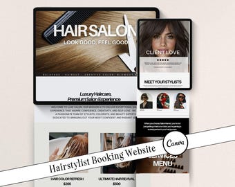 Plantilla de sitio web para peluqueros, diseño de sitio web de reservas para peluquerías, negocios de belleza, programación ágil, editable en Canva.