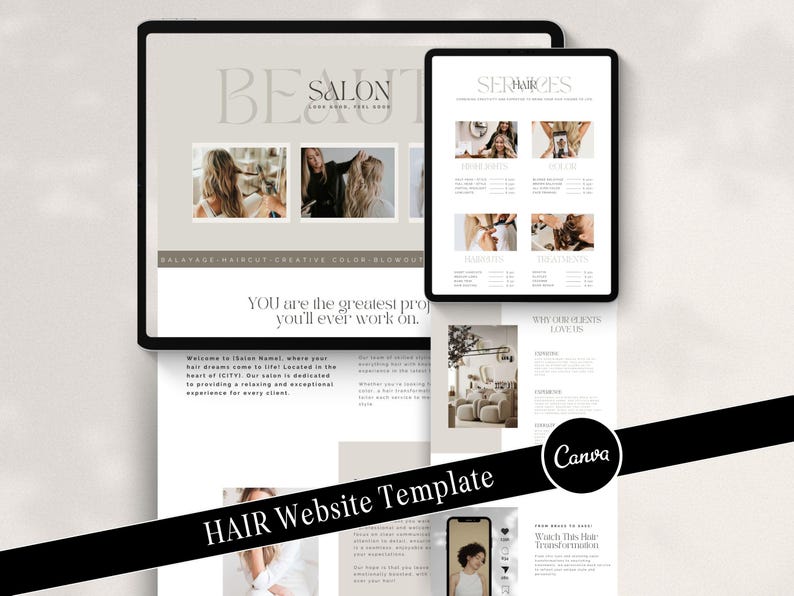 Hair Website Template, Booking Template Hairstylist, Beauty Salon, Hairstylist Website Design, Canva Website Template, Hair Salon Templates
