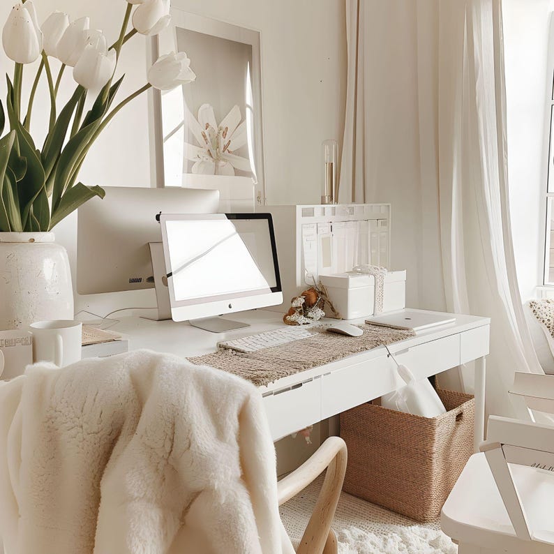 Home Office Stock Photos, Work from Home Images, Minimalist Workspace Images, Elegant Businesswoman, Faceless Marketing, Bright Interiors