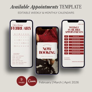 Plantilla de calendario de citas disponibles, planificador semanal y mensual de citas, calendario de reservas editable para Instagram 2026.