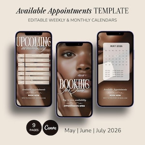 Calendario de reservas para piel melanina. Citas disponibles mensuales y semanales. Calendario de disponibilidad del salón de belleza. Planificador de horarios del spa médico. Instagram.