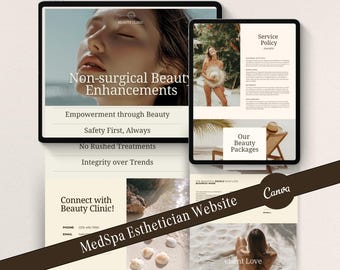 Plantilla de diseño web para spa médico, esteticistas, centros de belleza y clínicas de cuidado de la piel. Plantilla de sitio web de reservas y programación en Canva.
