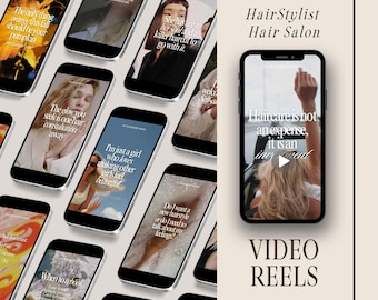 Könnte beinhalten: Eine Collage von Videospulen für einen Friseursalon. Die Spulen zeigen verschiedene Frisuren, Tipps und Ratschläge. Der Text auf den Spulen lautet: "Birthday Blowout!" "Der Glanz, den du suchst, ist eine Haarberatung entfernt" "Ich bin nur ein Mädchen, das es liebt, andere Mädchen schön zu machen" "Möchte ich eine neue Frisur oder muss ich über meine Gefühle sprechen?" "Haarpflege ist kein Aufwand, sondern eine Investition" und "Willkommen zur Selbstpflege".