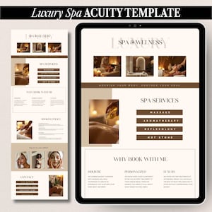 Può includere: Un modello digitale Luxury Spa Acuity visualizzato su un tablet e uno schermo mobile. Il layout presenta una combinazione di colori beige e marrone con sezioni per servizi spa, politiche di prenotazione e informazioni di contatto.