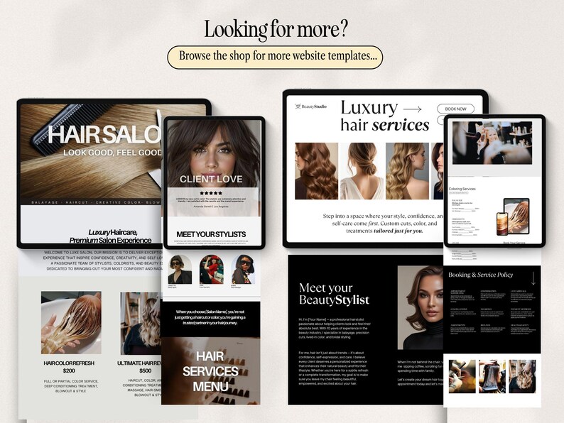 Hair Website Template, Booking Template Hairstylist, Beauty Salon, Hairstylist Website Design, Canva Website Template, Hair Salon Templates