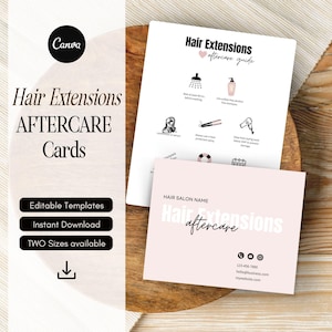 Modelo de cartão de cuidados posteriores para extensões de cabelo Guia de cuidados com os cabelos Cartão de cuidados editável Instruções de cuidados posteriores para extensões Modelos de salão de cabeleireiro faça você mesmo