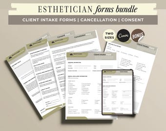 May include: A collection of esthetician forms, including client intake, consent, and cancellation forms. The forms have a neutral colour scheme and a contemporary design. A tablet showing a digital form is also visible.