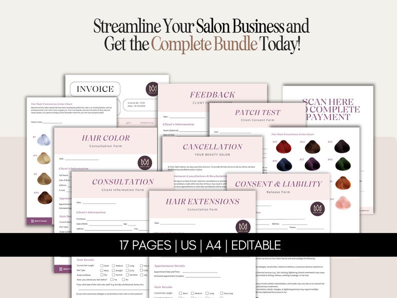 Hairdressing Forms Bundle Client Consultation Consent Treatment and Intake Sheets Editable Salon Templates Hair Stylist Kit