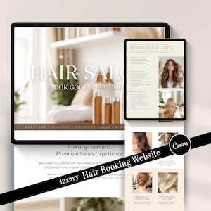 Könnte beinhalten: Ein Website-Mockup für einen Friseursalon mit dem Text "HAIR SALON LOOK GOOD, FEEL GOOD" und dem Text "Luxury Haircare, Premium Salon Experience" mit dem Text "Luxury Hair Booking Website" in einem schwarzen Banner. Die Website zeigt Bilder von Frauen mit verschiedenen Frisuren.