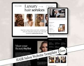 May include: A digital mockup of a hair salon website template on a tablet and a phone. The website features images of hairstyles, service details, and booking information. The text reads "Luxury hair services" and "HAIR Salon Website Template".