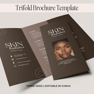 May include: A trifold brochure template with a brown and beige color scheme. The brochure features the text "SKIN Radiance" and includes a photo of a woman. The brochure also lists facial, lash, and treatment services.