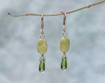 Green and Yellow Glass and Stone Drop Earrings