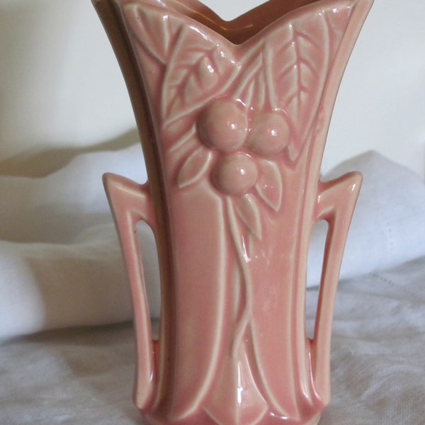 McCoy Vase in pink with cherries and leaves 1941, FREE shipping