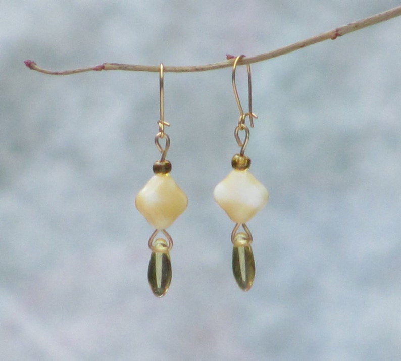 Cream and Amber Colored Glass Drop Earrings image 1