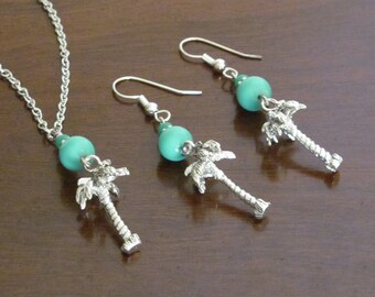 Palm Tree earrings and necklace with sea-blue glass beads