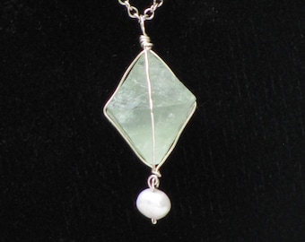 Fluorite chunk pendant wrapped in sterling silver with a pearl drop