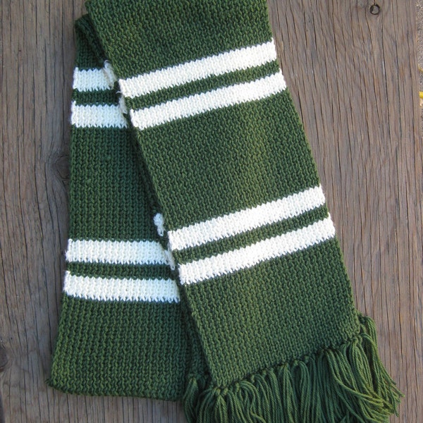 Dark green and silver / white striped knit scarf