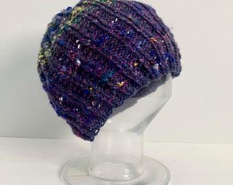 Wool blend chunky multicolor rainbow and purple knit hat
