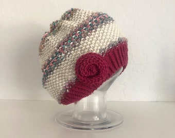 Striped multicolor mauve and cream large slouch knit beanie tam hat with flower accent