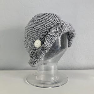Light Heather Gray Knit Cloche Hat: Vintage Button Flapper Style