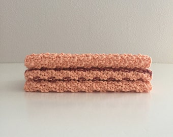 Set of 3 cotton knit washcloths - peach and pink rose  kitchen dishcloths