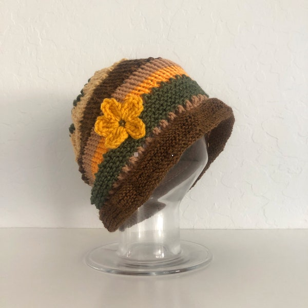 Multicolor knit cloche hat - earth colors knit hat - boho roomy cloche hat