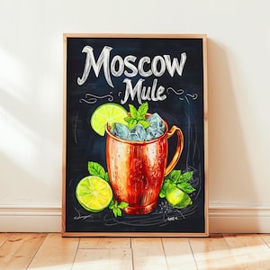 Poster del mulo di Mosca | Poster di cocktail Art Déco da parete per bar | Stampa di drink firmati per feste | Stampa alla moda Mocow Mule