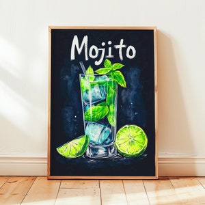 Poster Mojito | Poster di cocktail Art Déco da parete per bar | Stampa di drink firmati per feste | Stampa Mojito alla moda