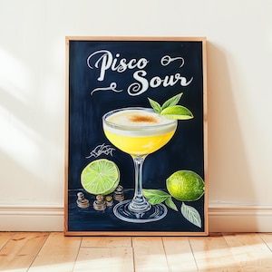Manifesto del Pisco Sour | Decorazione da parete per bar, poster per cocktail | Stampa di drink esclusivi per feste | Stampa Pisco Sour alla moda
