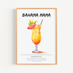 Manifesto di Bahama Mama | Decorazione da parete per bar, poster per cocktail | Stampa di drink esclusivi per feste | Stampa cocktail alla moda
