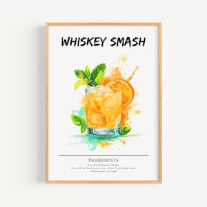 Manifesto di Whiskey Smash | Decorazione da parete per bar, poster per cocktail | Stampa di drink esclusivi per feste | Stampa di whisky alla moda