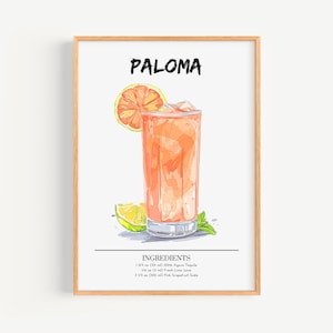 Poster Paloma | Poster di cocktail Art Déco da parete per bar | Stampa di drink firmati per feste | Stampa Paloma alla moda
