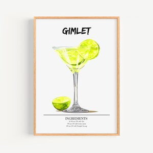 Manifesto di Gimlet | Decorazione da parete per bar, poster per cocktail | Stampa di drink esclusivi per feste | Stampa Gimlet alla moda
