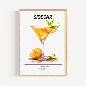 Poster del sidecar | Poster di cocktail Art Déco da parete per bar | Stampa di drink firmati per feste | Stampa sidecar alla moda