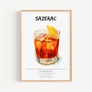 Manifesto di Sazerac | Decorazione da parete per bar, poster per cocktail | Stampa di drink esclusivi per feste | Stampa Sazerac alla moda