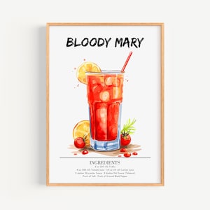 Manifesto di Bloody Mary | Decorazione da parete per bar, poster per cocktail | Stampa di drink esclusivi per feste | Stampa Bloody Mary alla moda